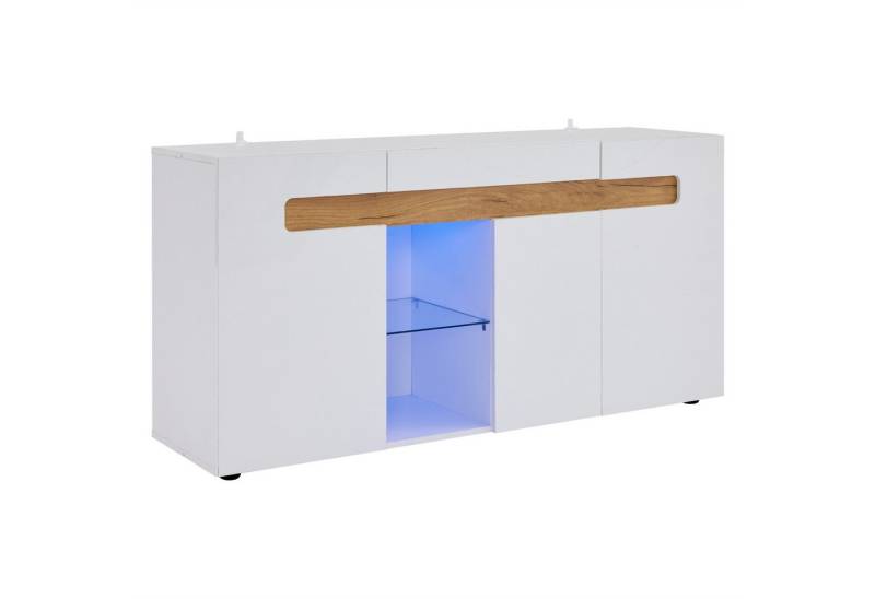 Gotagee Sideboard Wohnzimmerschrank mit LED Lagerschrank Hochglanz Anrichte Vitrine Weiß, Hochglanz-Wohnmöbel, weiß mit Glasboden von Gotagee