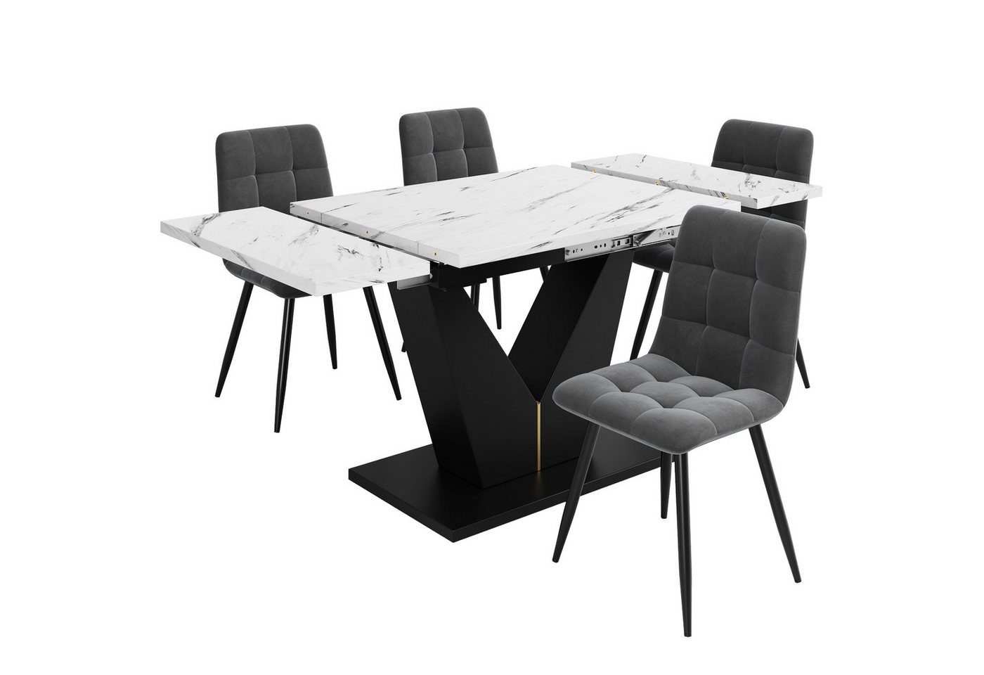 Gotagee Sitzgruppe 5 Teile Küchentisch-Set Esstisch-Set Esszimmerstuhl-Set Esszimmermöbel, schwarze V-förmige Beine graue Samt-Esszimmerstühle von Gotagee