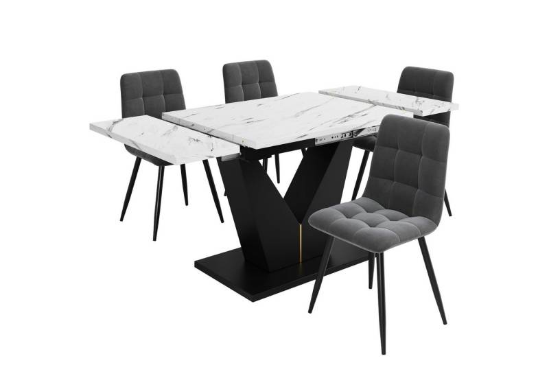 Gotagee Sitzgruppe 5 Teile Küchentisch-Set Esstisch-Set Esszimmerstuhl-Set Esszimmermöbel, schwarze V-förmige Beine graue Samt-Esszimmerstühle von Gotagee