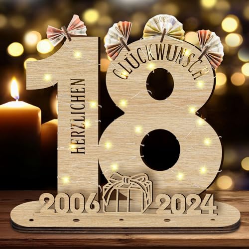 GothicBride 2024 Geburtstag Geschenk 18 Geldgeschenke Geburtstag, 18 Geburtstag Deko Holz-Schild Gästebuch mit LED Lichterkette, 18 Geburtstag Geschenk, Personalisierbares Geschenk von GothicBride