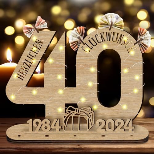 GothicBride 2024 40 Geburtstag Geschenk Geldgeschenke Geburtstag, 40 Geburtstag Frauen Deko Holz-Schild Gästebuch mit LED Lichterkette, 40 Geburtstag Mann Personalisierbares Geschenk von GothicBride