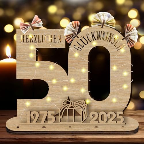 GothicBride 2024 50 Geburtstag Geschenk Geldgeschenke Geburtstag, 50 Geburtstag Mann Deko Holz-Schild Gästebuch mit LED Lichterkette, 50 Geburtstag Deko Personalisierbares Geschenk von GothicBride