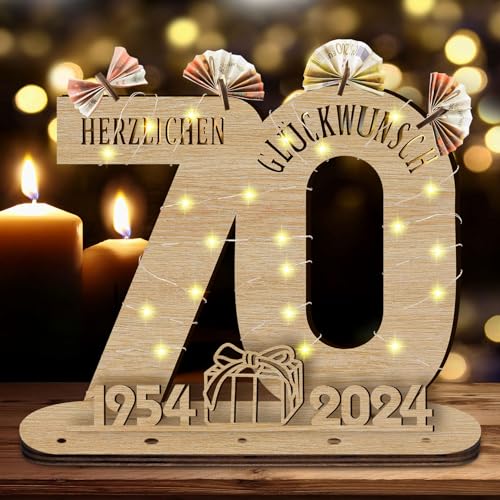 GothicBride 2024 70 Geburtstag Geschenk Geldgeschenke Geburtstag, 70 Geburtstag Deko Geschenke Holz-Schild Gästebuch mit LED Lichterkette, 70 Geburtstag Frau Männer Personalisierbares Geschenk von GothicBride