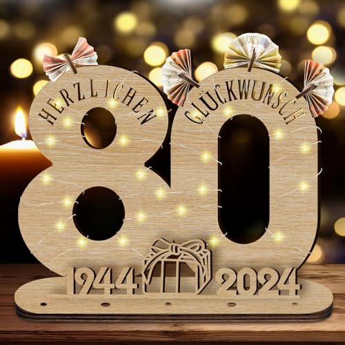 GothicBride 2024 80 Geburtstag Geschenk Geldgeschenke Geburtstag, 80 Geburtstag Deko Geschenke Holz-Schild Gästebuch mit LED Lichterkette, Geschenke zum 80 Geburtstag Männer Frau von GothicBride