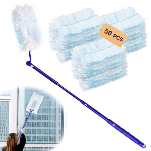 GothicBride 50 Stück Staubmagnet Nachfüllpack Set mit 1 Teleskopgriff Schmutz Staubtücher zum Tierhaare Staub Schmutz Staubwedel Nachfüllpack für Zuhause Büro von GothicBride