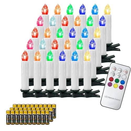 Gotoll 30er LED Weihnachtskerzen mit Fernbedienung und Batterien，RGB Bunt Christbaumkerzen Kabellos Kerzen Timer Kerzenlichter IP44 Wasserdicht,Dimmbar Flackernde für Weihnachtsbaum Weihnachtsdeko von Gotoll