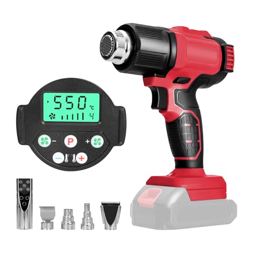 Akku Heißluftpistole Kompatibel mit Milwaukee M18 18V Akku, Elektrische Heißluftfön 50℃- 550℃ Einstellbare Steuerung mit LCD-Digitalanzeige Schnelle Erwärmung Entlacken, Löten mit 5 Düsen(ohne Akkus) von Gotrain