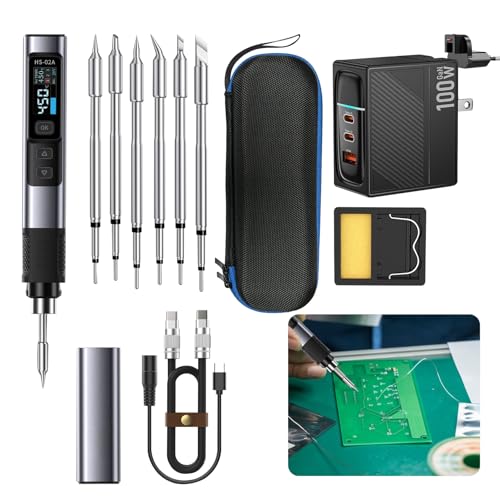 HS-02A Elektrischer Lötkolben PD/QC 100 W Tragbar Intelligente Temperaturregelung Soldering Iron Station DC9-24V Power Interface, Einstellbar, Lötkolben Set mit Einstellbar 100-450°C, Metallgehäuse von Gotrain