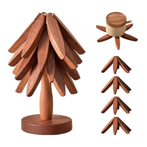 Untersetzer für heiße Töpfe und Pfannen, Holzuntersetzer Baumuntersetzer Untersetzer für heiße Töpfe (4 Holzuntersetzer + 1 Ständer) Weihnachtsbaumförmige kreative Topflappen Tischsets für von Gotrain