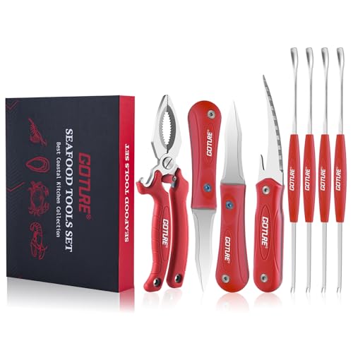 Goture 8 Stück Meeresfrüchtebesteck aus Edelstahl mit Krabbenzange Fleischentferner Austernmesser Garnelenschälwerkzeug Mit Geschenkbox-Verpackung von Goture