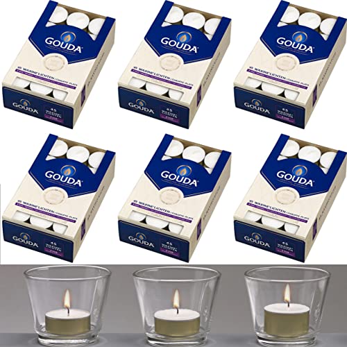 270 Stück Gouda Teelichter 6 Stunden Brenndauer 38x17mm - weiß/goldener Cup, Flatpack (6 Packx45er) von Gouda