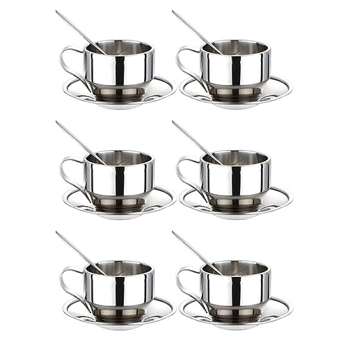 Goufride Isoliertes Kaffeetassen-Set – Edelstahl, doppelwandige Espressotassen mit Untertasse und Löffel, 125 ml (6er-Set) von Goufride