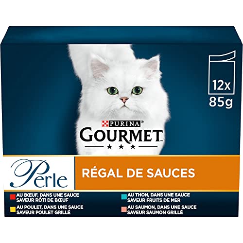 GOURMET Perle | Saucen Regal | Erwachsene Katze | Rind, Huhn, Thunfisch, Lachs | 12 x 85 g | Frischebeutel (Verpackung kann variieren) von Gourmet