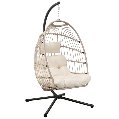 Goutime Hängender Eierstuhl mit Ständer und wasserdichter Abdeckung, Faltbarer Eierschaukelstuhl mit UV-beständigem Kissen, 204 kg Kapazität (Aprikosengrau, Egg Chair mit Ständer) von Goutime