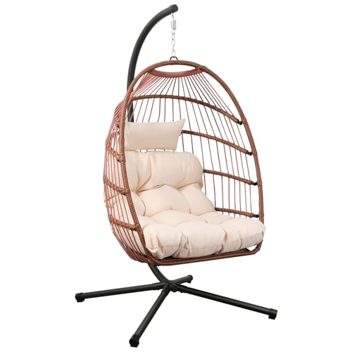Goutime Hängender Eierstuhl mit Ständer und wasserdichter Abdeckung, Faltbarer Eierschaukelstuhl mit UV-beständigem Kissen, 204 kg Kapazität (Rotbraun, Egg Chair mit Ständer) von Goutime