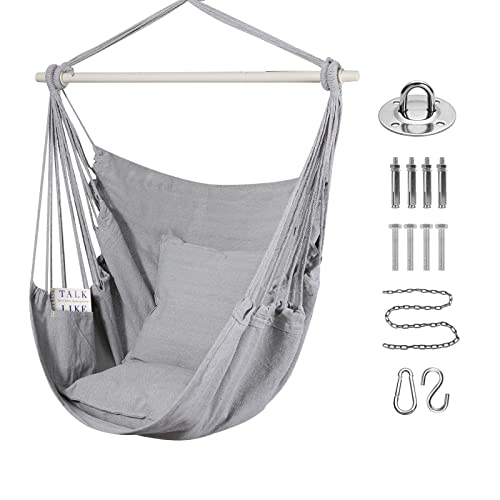 Goutime Schaukel Stuhl Große Hängematte Stuhl Weiche Baumwolle mit 2 Sitzkissen Kissen mit Tragetasche für Innen-/Außen-/Schlafzimmer Patio Garten Balkon, 330 Lbs (Grau) von Goutime