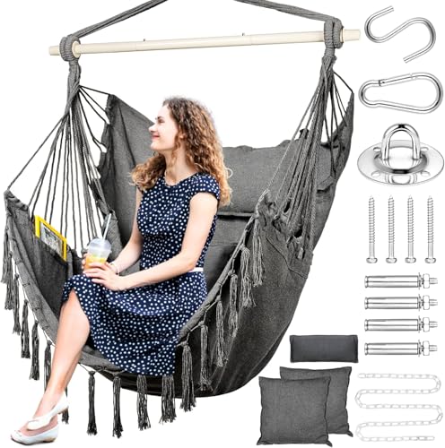 Goutime XXL Hängematten-Schaukelstuhl - mit 2 Kissen und 1 Nackenkissen, Baumwoll-Schaukelstuhl für Schlafzimmer und Terrasse, Hängestuhl mit Seitentaschen und Montagezubehör (Dunkelgrau) von Goutime