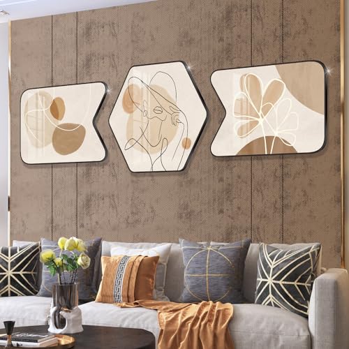 Gouwgenr Bilder mit Rahmen PVC 60x40cm Moderne Abstrakt Line Art Bilder Beige 3 Stück Kristall Bild Modern Wandbilder für Schlafzimmer Wohnzimmer-A818 von Gouwgenr
