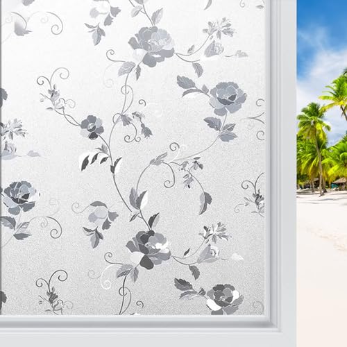 Gouwgenr Fensterfolie Blickdicht 44.5x200cm Milchglasfolie Selbsthaftend Fenster Sichtschutzfolie Statisch Haftend Fensterfolie Motiv Pfingstrose Anti-UV Folie Dekofolie für Wohnzimmer Schlafzimmer von Gouwgenr