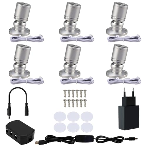 Klein LED Scheinwerfer LED Spotlichter für den Innenbereich Schranklicht Bilderlichter Akzentlichter 360° Schwenkbar Aluminium Mini led spot für Schrank, Flur, Galerien (6 Stück-Warmweiß-Silber) von Gouzloyed