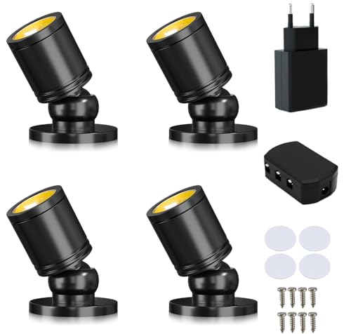 Klein LED Scheinwerfer LED Spotlichter für den Innenbereich Schranklicht Bilderlichter Akzentlichter 360° Schwenkbar Aluminium Mini led spot für Schrank, Flur, Galerien (4 Stück-Warmweiß-Schwarz) von Gouzloyed