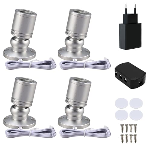Klein LED Scheinwerfer LED Spotlichter für den Innenbereich Schranklicht Bilderlichter Akzentlichter 360° Schwenkbar Aluminium Mini led spot für Schrank, Flur, Galerien (4 Stück-Warmweiß-Silber) von Gouzloyed
