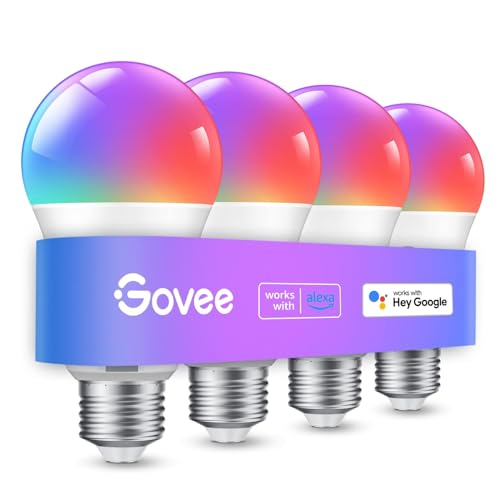 Govee Smart Glühbirne E27, WLAN Lampe RGBWW dimmbare mit 16 Millionen Farben, Smart Home LED Lampe Musiksync, 54 Szenen, Timer, 800LM LED Glühbirne kompatibel mit Alexa Google Assistant, 4 Stück von Govee