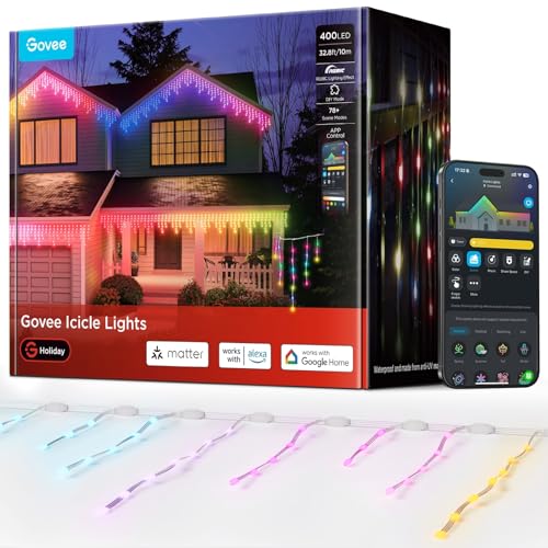 Govee Eiszapfen Lichterkette 10M, Intelligente RGBIC Lichtervorhang mit 400 LEDs Lichterkette außen, Wasserdicht nach IP67, 78+ Szenenmodi, Musik sync, Kompatibel mit Alexa & Google Assistant Govee Eiszapfen Lichterkette 10M, Intelligente RGBIC Lichtervorhang mit 400 LEDs Lichterkette außen, Wasserdicht nach IP67, 78+ Szenenmodi, Musik sync, Kompatibel mit Alexa & Google Assistant von Govee