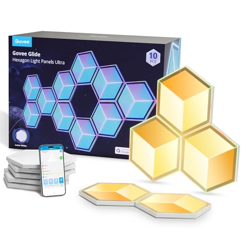 Govee Glide Hexagon Light Panels Ultra, 3D Hexagon LED Panels RGBIC, Wi-Fi Wandleuchte 129 LEDs funktioniert mit Alexa, 60 Szenenmodi und Musik Sync für Gaming Wand zimmer Deko, 10 Panels Lunar Weiß Govee Glide Hexagon Light Panels Ultra, 3D Hexagon LED Panels RGBIC, Wi-Fi Wandleuchte 129 LEDs funktioniert mit Alexa, 60 Szenenmodi und Musik Sync für Gaming Wand zimmer Deko, 10 Panels Lunar Weiß von Govee