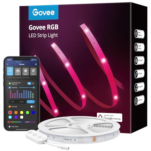 Govee LED Strip Smart RGB WiFi LED Streifen, Lichterkette Band App Steuerung WLAN mit Alexa und Google Assistant, Musik Sync Farbwechsel DIY Deko für Schlafzimmer Küche Wohnzimmer 30m von Govee
