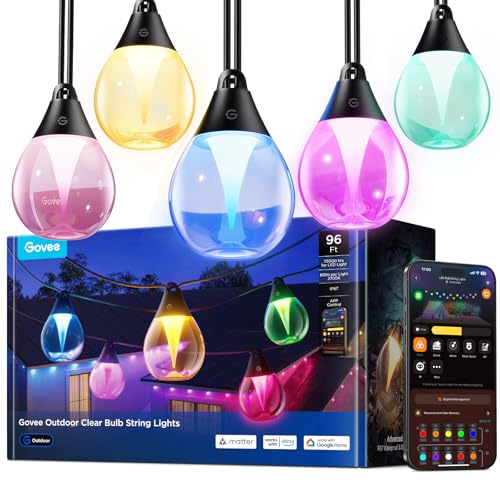 Govee Lichterkette Außen, 30M Dimmbare RGBWIC LED Lichterkette mit 16 Millionen Farben und 111 Szenenmodi, 80 lm pro LED, Lebensdauer 25.000 Stunden, Funktioniert mit Alexa, Google Assistant, Matter von Govee