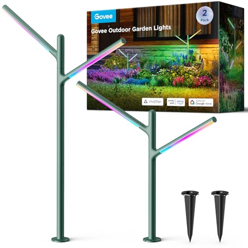 Govee Outdoor LED Gartenleuchte, IP66 Wasserdicht Gartenlampe aus Metall, DIY Höhe Form, 16 Mio Farben 64 Szenen, Alexa Matter Kompatibel, RGBWWIC 2700-6500K Gartenbeleuchtung für Hof Weg Rasen, 2pcs von Govee