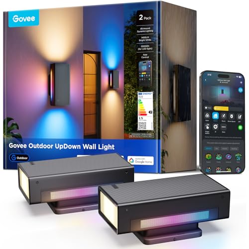 Govee Outdoor UpDown Wandleuchte RGBICWW, 1400LM pro Stück LED Wandleuchte Aussen mit 64 Szenenmodi, IP66 Wasserdicht Wandlampe, Funktioniert mit Matter, Alexa und Google Assistant, 2er-Pack von Govee