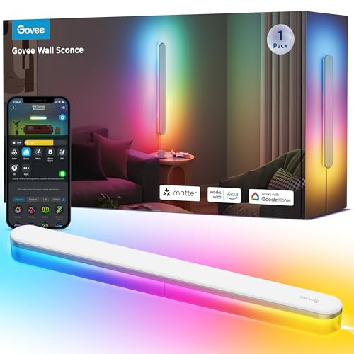 Govee RGBICW Wandleuchte Innen, Smart Wandlampe Kompatibel mit Matter, Alexa & Google Assistant, 1200lm LED Wandleuchte, Musik Sync, Indirekte Beleuchtung für Wohnzimmer, Treppe, Flur, 1 Stück von Govee