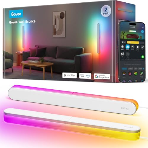 Govee RGBICW Wandleuchte Innen, Smart Wandlampe Kompatibel mit Matter, Alexa & Google Assistant, 1200lm LED Wandleuchte, Musik Sync, Indirekte Beleuchtung für Wohnzimmer, Treppe, Flur, 2 Stück von Govee