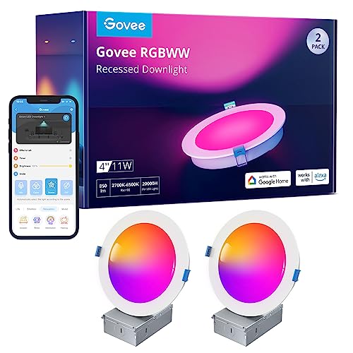 Govee Smart LED Einbaustrahler, RGBWW Einbauleuchten 120mm Dimmbare, ultraflache Deckenspots Kompatibel mit Wifi und Alexa 11W 850LM, Einbauspots für Badezimmer Küche Wohnzimmer, 2 Stück von Govee