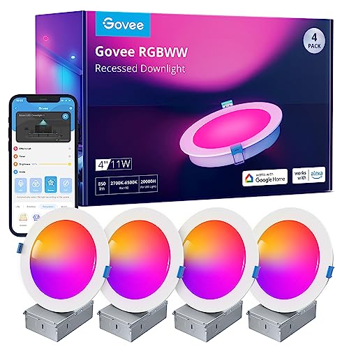 Govee Smart LED Einbaustrahler, RGBWW Einbauleuchten 120mm Dimmbare, ultraflache Deckenspots Kompatibel mit Wifi und Alexa 11W 850LM, Einbauspots für Badezimmer Küche Wohnzimmer, 4 Stück von Govee