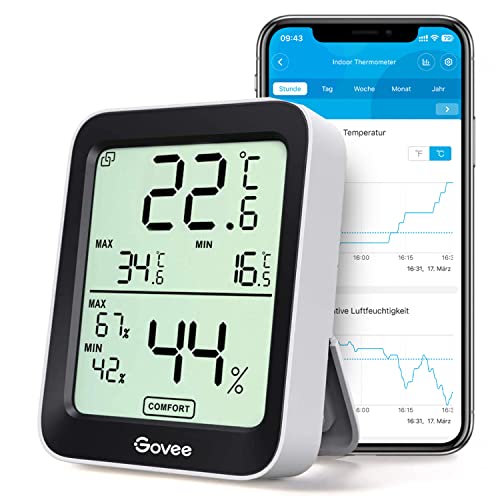Govee Thermometer Hygrometer Innen, LCD Digital Temperatur luftfeuchtigkeitsmesser mit Benachrichtigungs Alarm, Präzise Thermo-Hygrometer mit APP, Datenspeicherung für Gewächshaus Weinkeller von Govee