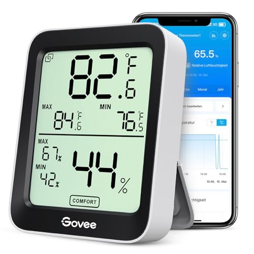 Govee Bluetooth Thermometer Hygrometer Innen, LCD Digital Temperatur luftfeuchtigkeitsmesser mit Benachrichtigungs Alarm, Präzise Thermo-Hygrometer mit APP, Datenspeicherung für Gewächshaus Weinkeller von Govee