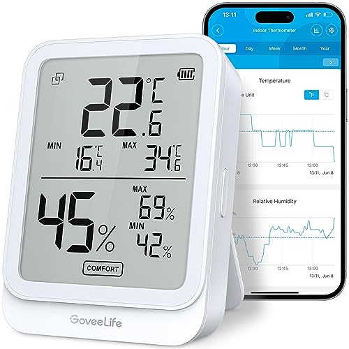 GoveeLife Digitales Thermometer Hygrometer Innen, Bluetooth LCD luftfeuchtigkeitsmesser mit Benachrichtigungsalarm, Temperaturüberwachung mit App, Datenspeicherung für Zuhause Gewächshaus Weinkeller von GoveeLife