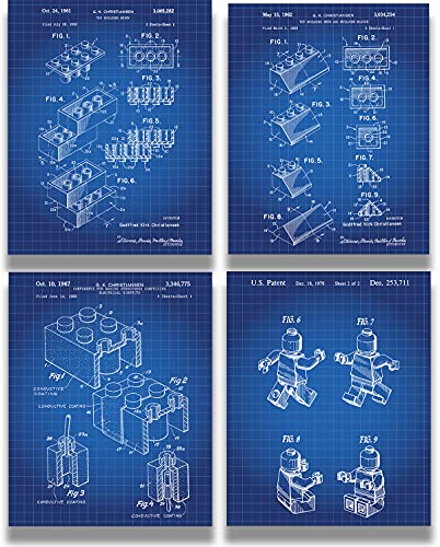 Govivo Legos Patent – Ein Set von vier LEGO Patents Wandkunst-Drucken mit blauen Hintergründen – ungerahmtes Kunstwerk gedruckt auf Fotopapier von Govivo