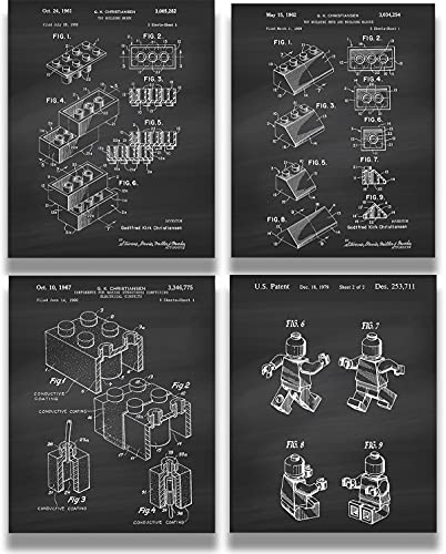 Govivo Legos Patent – Ein Set von vier LEGO Patents Wandkunst-Drucken mit dunkelgrauen Hintergründen – ungerahmtes Kunstwerk gedruckt auf Fotopapier von Govivo