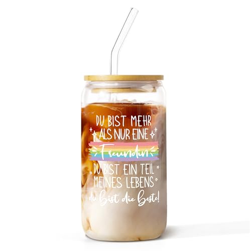 Gowelly Beste Freundin Geschenke, Geschenke für Freundin Trinkglas - Glas Mit Deckel und Strohhalm, Freundinnen Geschenk, Freundschaft Geschenke Freundin Geburtstag Weihnachten, 500ML von Gowelly