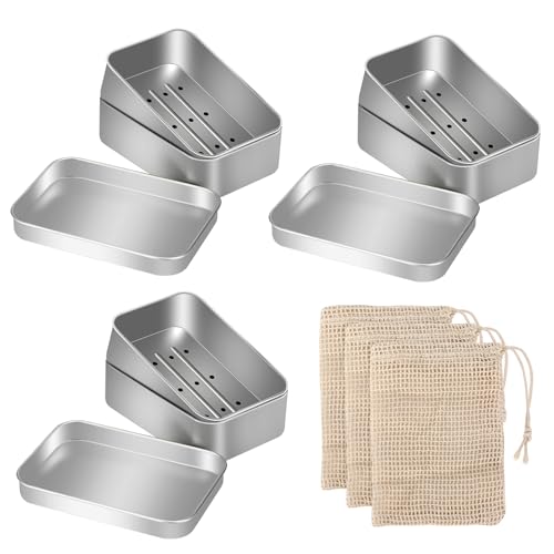 3 Stück Seifendose aus Aluminium , Wasserdichte Seifenbox für Festes Shampoo, Seifenbehälter mit Abtropfgitter,Seifensäckchen, Reise Seifenschale, Seifenbehälter für zu Hause und Reisen von Gowkeey