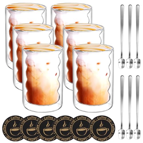 6er Set Doppelwandige GläSer mit 6 Löffeln und 6 Untersetzern, 350ML Doppelwandig aus Borosilikatglas, ThermogläSer für Latte,Tee,EIS,Eistee,Iced Americano von Gowkeey