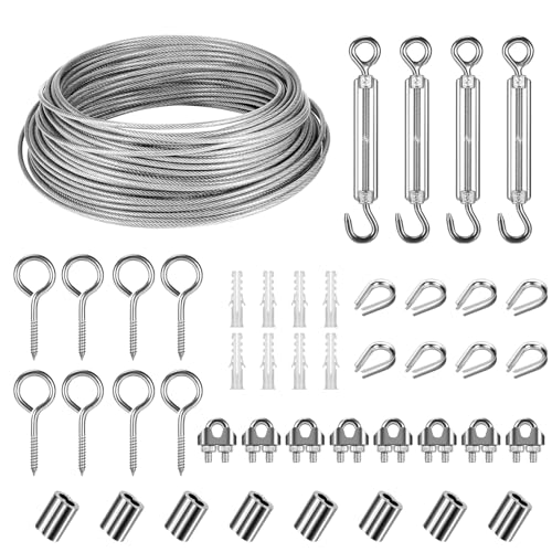 Drahtseil 3mm Edelstahl, 30M Stahlseil Kit, Stahlseil ummantelt mit ösen, Spanndraht Seilspanngarnitur, Drahtseil Rankhilfe Set für gardinenseil, wäscheleinen, Kletterpflanzen von Gowkeey