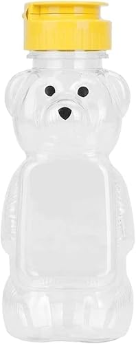 237 ml Kunststoff-Bär-Honigflaschengläser, leere Honig-Flasche mit Klappdeckel zum Aufbewahren und Dosieren, gelbe Klappenkappen, Knoblauchpressen zum Aufbewahren und Dosieren, auslaufsichere Servierg von Gowxs