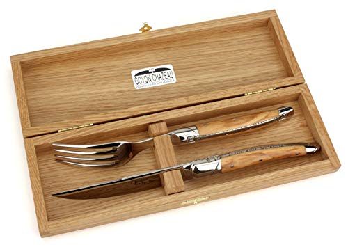 Goyon-Chazeau - Set ein Steakmesser und eine Gabel - Griff Olivenholz - Besteck Frankreich - Stahl hochglanz von Goyon-Chazeau