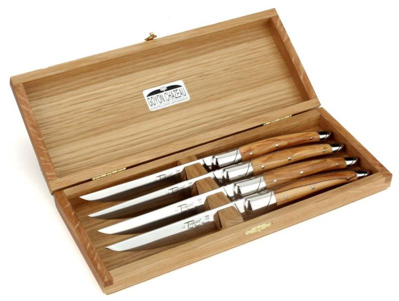 Goyon-Chazeau Steakmesser 85 4C 4er Set - "Le Thiers" - Griff Olivenholz - Stahl glänzend - Holzbox Goyon-Chazeau Steakmesser 85 4C 4er Set - "Le Thiers" - Griff Olivenholz - Stahl glänzend - Holzbox von Goyon-Chazeau