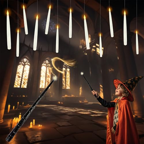 12 Stück Schwebende Kerzen mit Zauberstab Fernbedienung, LED Flammenlose Batteriebetrieben und 6H Timerfunktion Hängende Kerzen für Weihnachten, Halloween, Hochzeit & Party Dekoration von Gozuein
